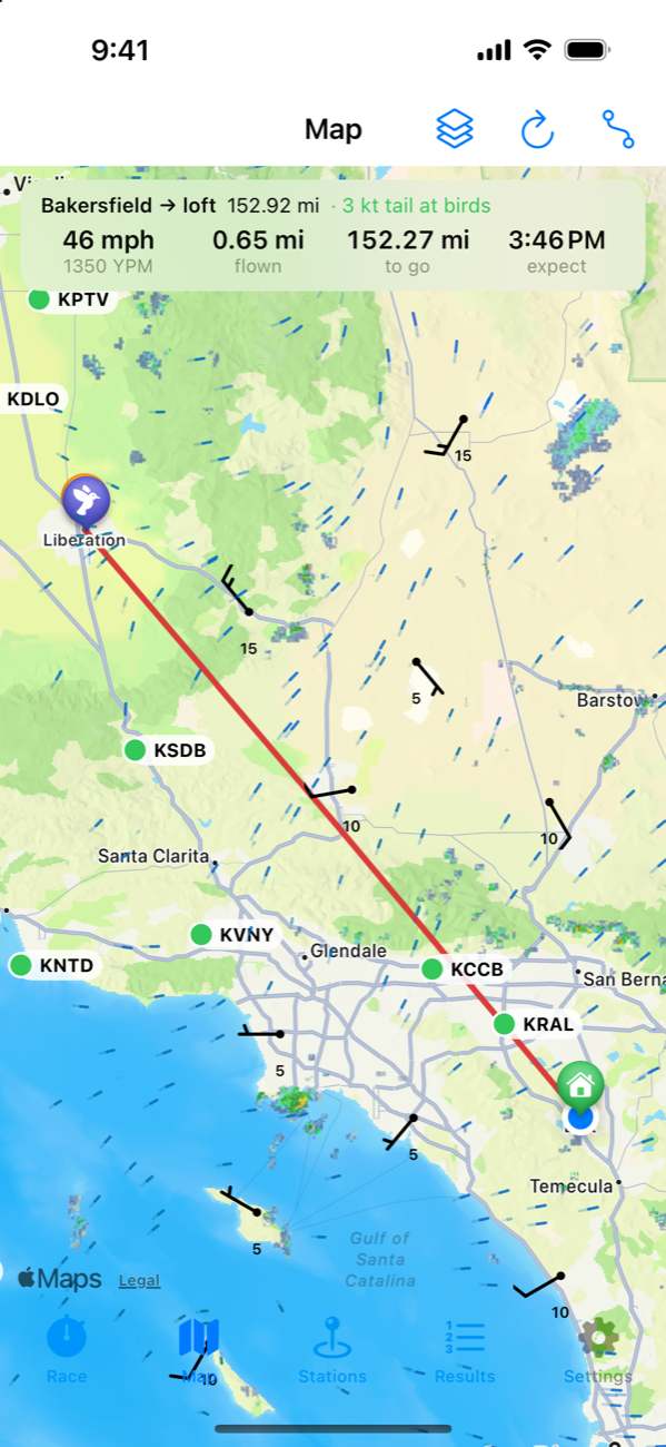 SimpleFlight Pigeon map: the line of flight from Bakersfield to the loft over radar and animated wind, reporting stations along it, and the card showing speed, miles flown, miles to go and the expected arrival