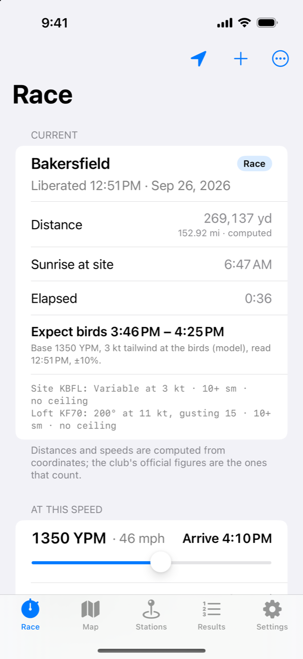 Race screen: Bakersfield race, distance in yards and miles, sunrise at the site, elapsed time, the expected-arrival window with the wind it came from, and the speed slider