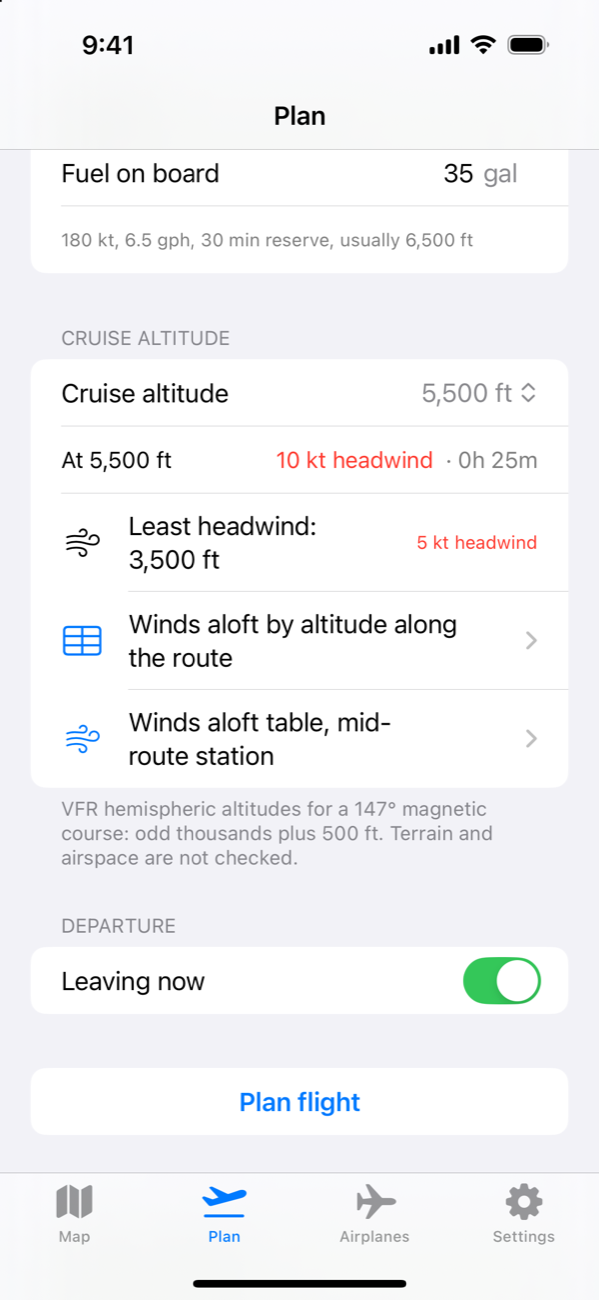 Cruise altitude picker showing 5,500 ft with a 10 knot headwind and a note that 3,500 ft has the least headwind