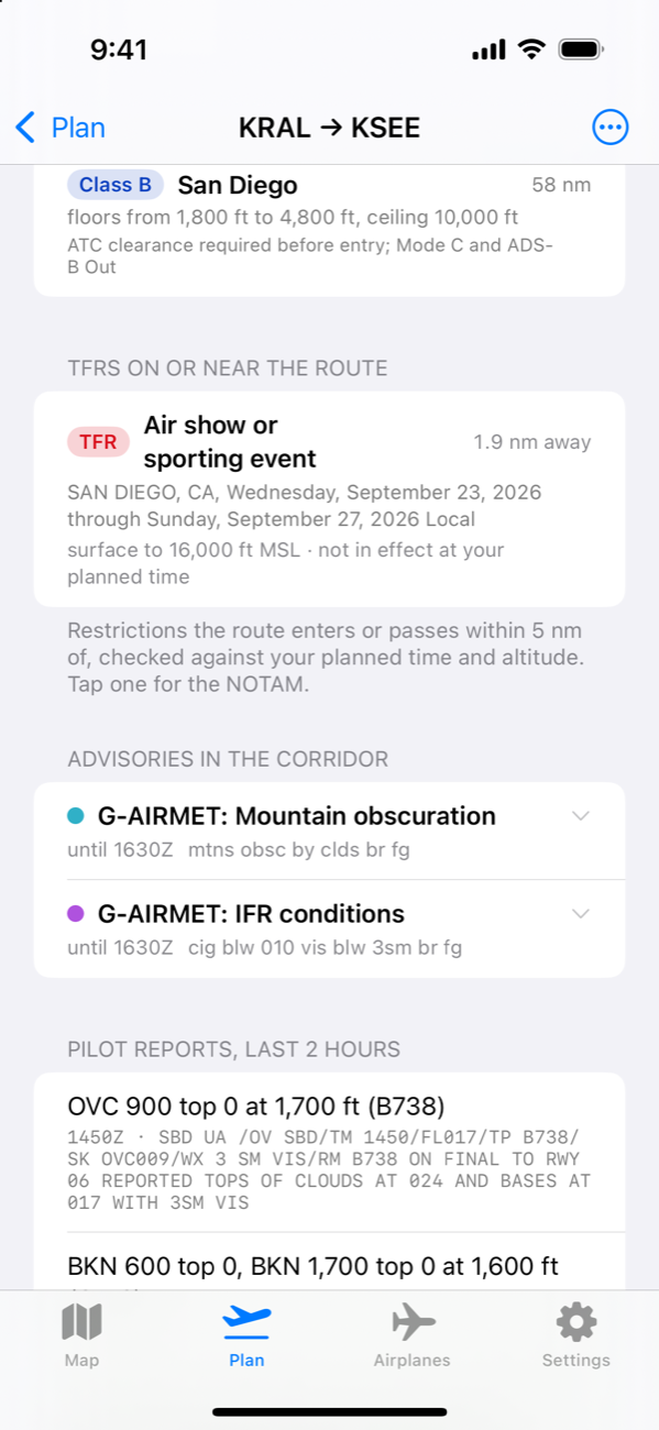 Route briefing listing San Diego Class B, a TFR for an air show, G-AIRMETs for mountain obscuration and IFR conditions, and pilot reports