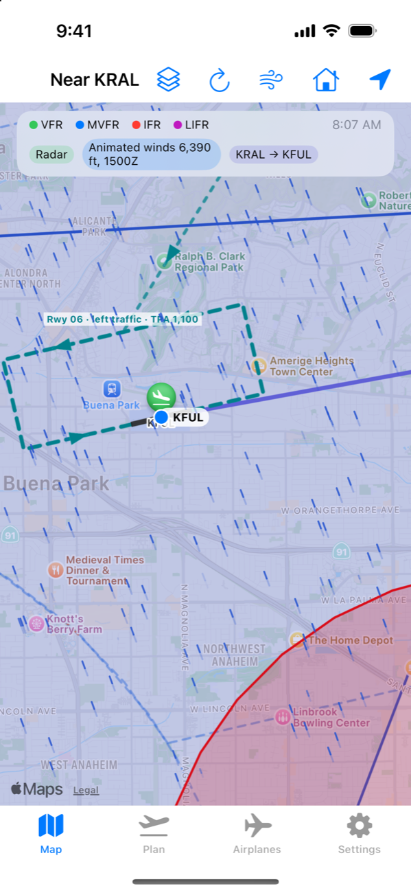 Map zoomed in on Fullerton airport showing the dashed traffic pattern for runway 06 with a 45 degree entry and a label reading left traffic, TPA 1,100