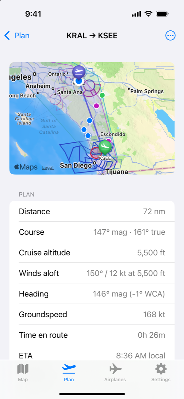 Plan result for Riverside to Gillespie Field with a route map, distance, course, winds aloft, heading, groundspeed and time en route